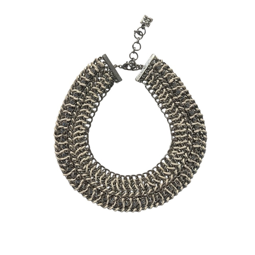 BCBGMAXAZRIA Statement Collar Necklace Silver Tone Woven Cord Mixed Media Bib